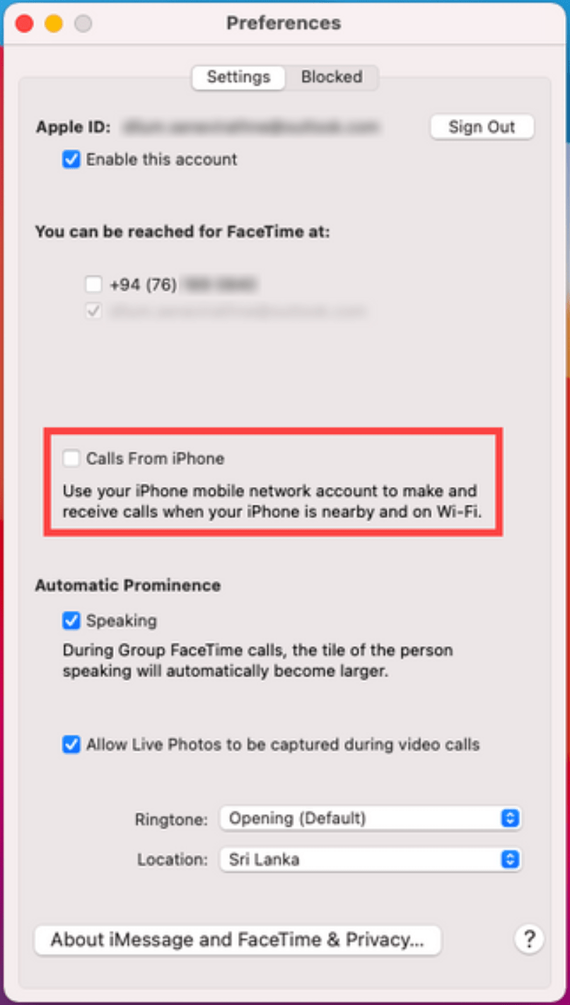 disable iphone calls on mac