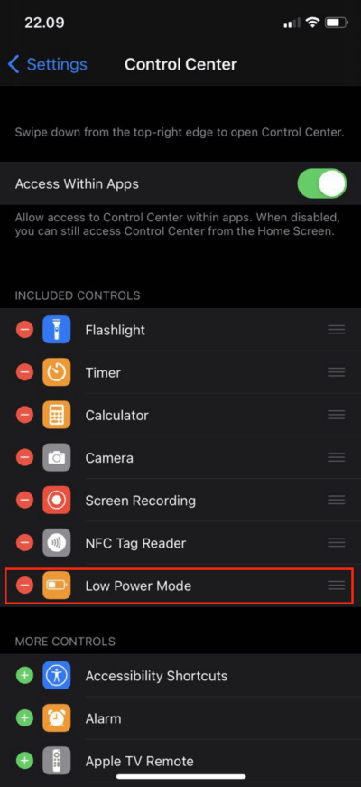 How to Add Low Power Mode Button to iPhones Control Center