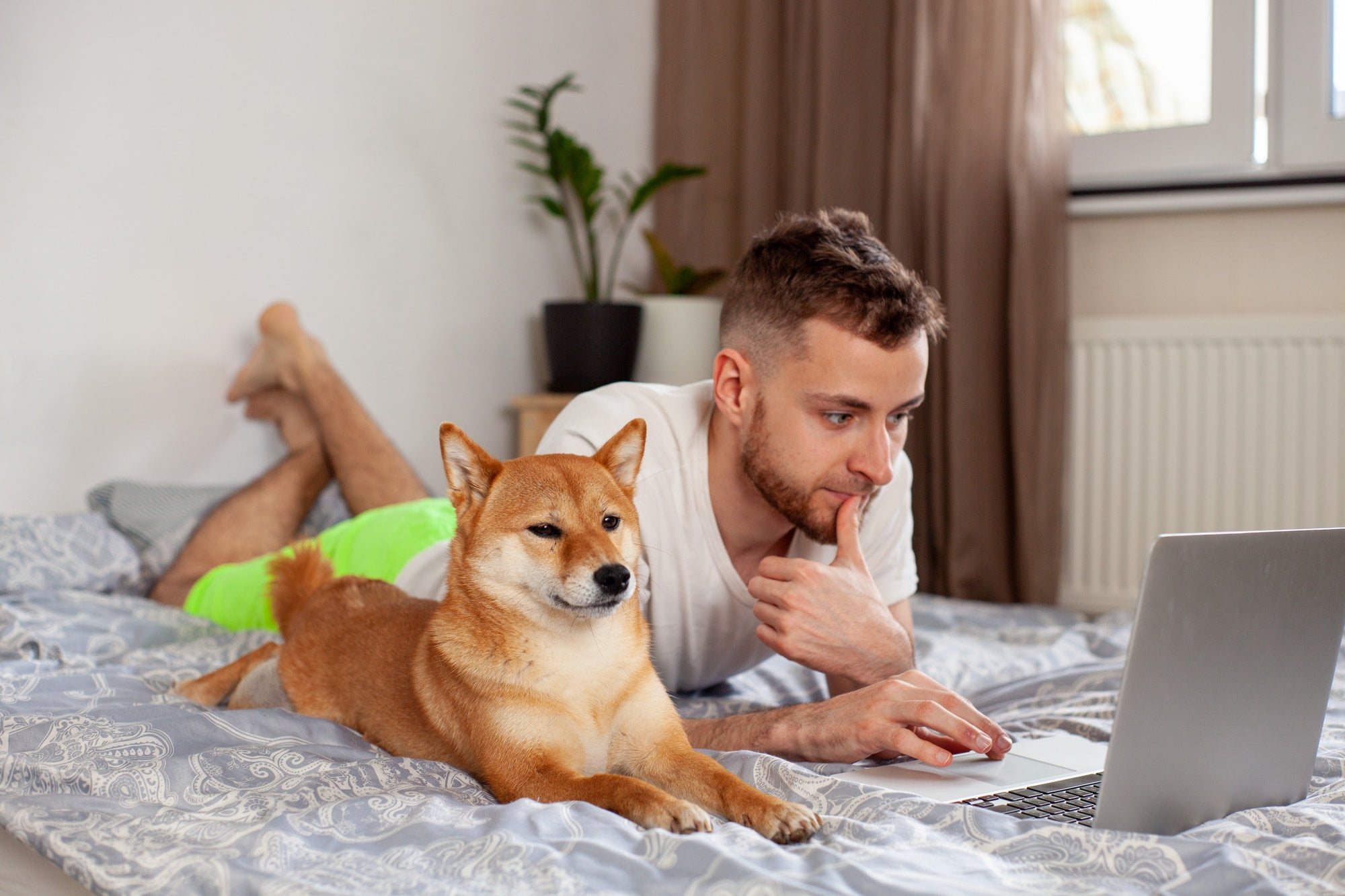 man watching video in laptop with dog on bed at home