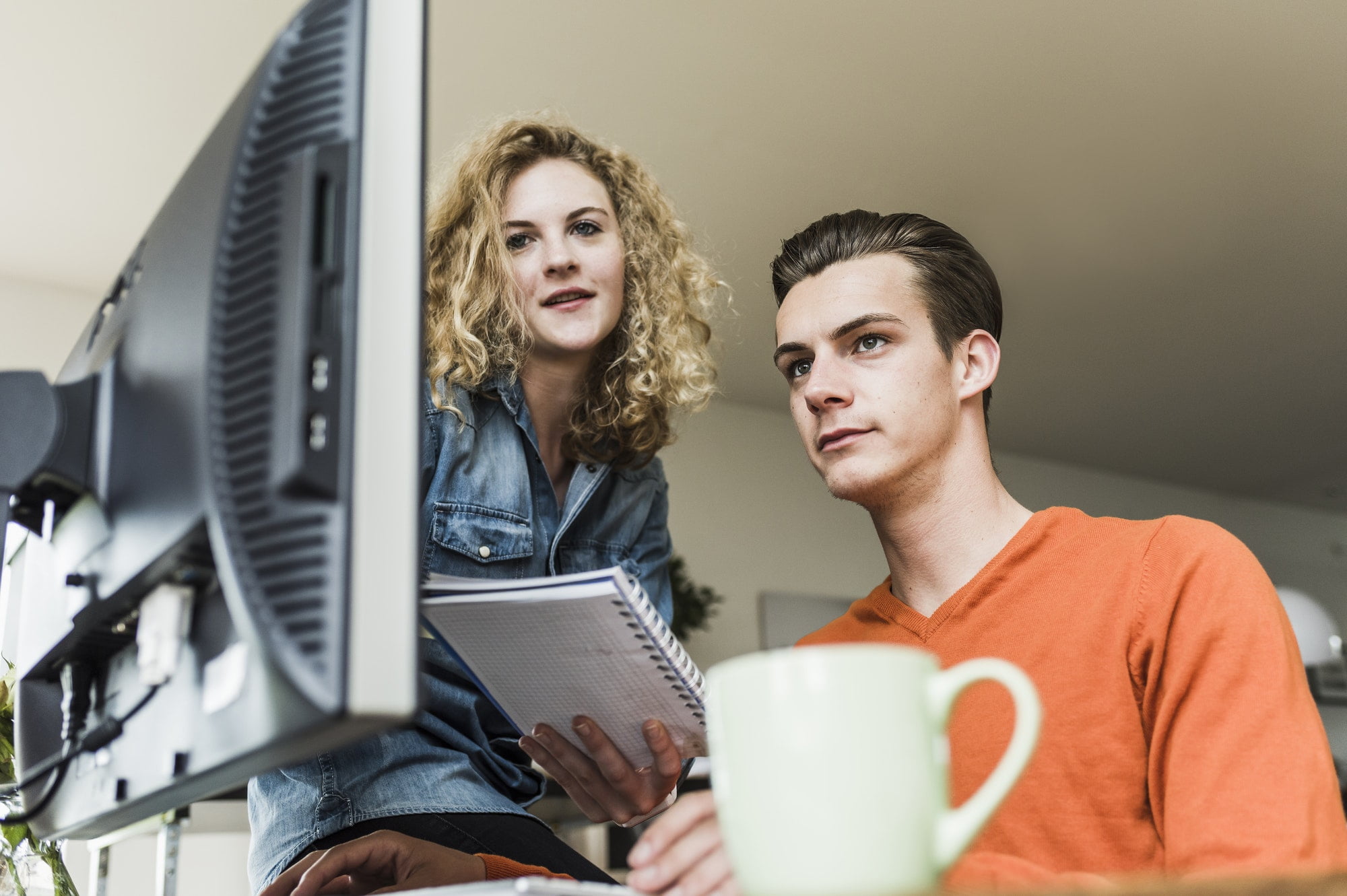 Two colleagues at desk looking at computer monitor