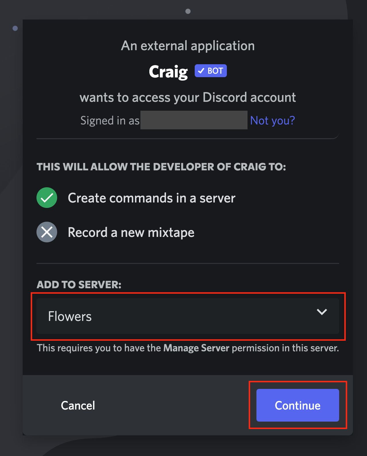 Click the Invite Craig to your Discord server button.