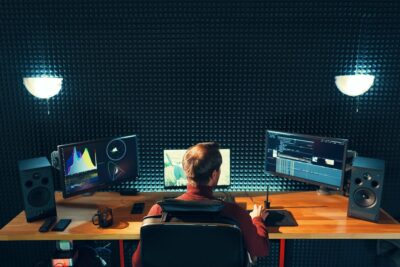 Back view of young man watching graphs on monitors