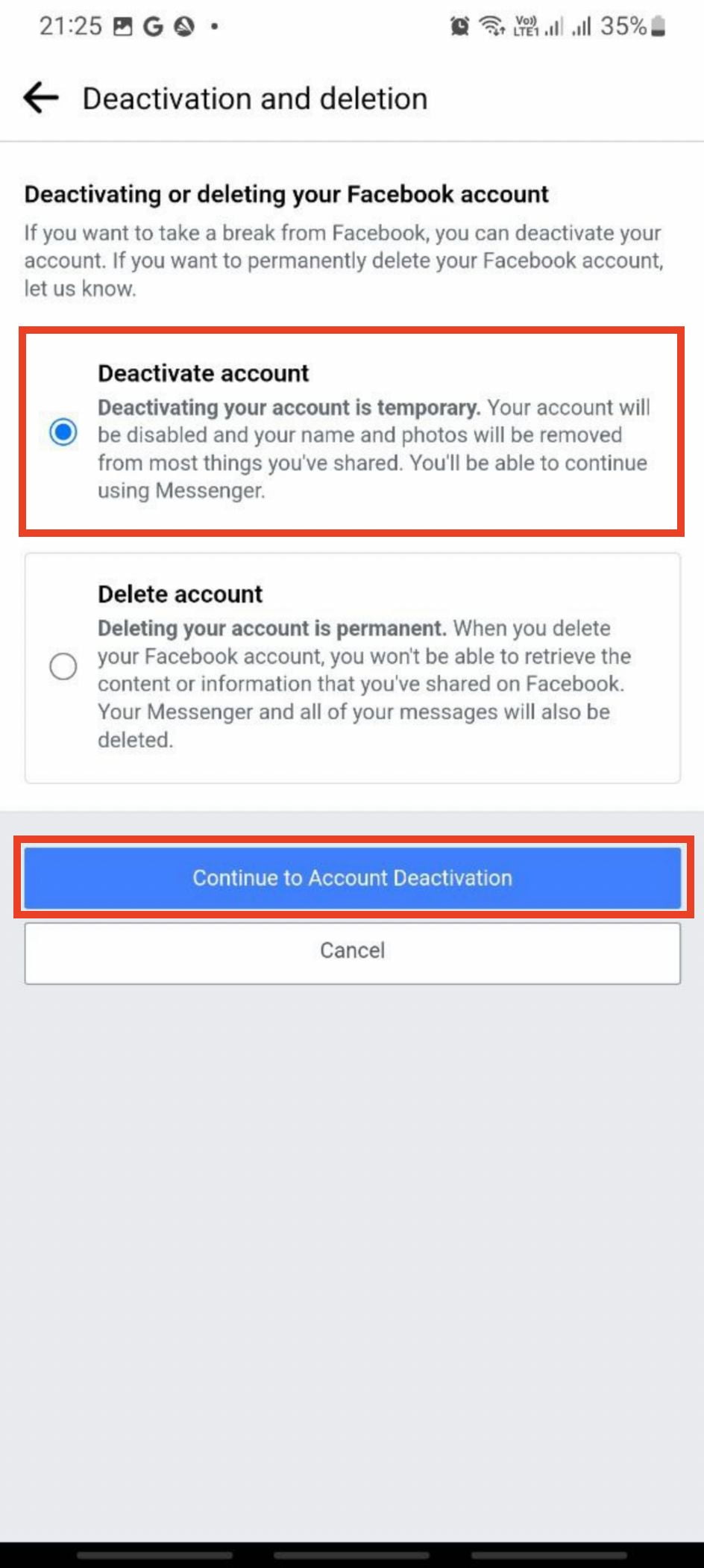 How to Deactivate Facebook Account using Android